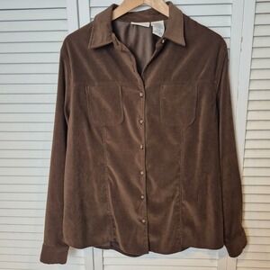 White Stag Velvet Shacket L Brown Collared Button‎ Down Long Sleeve Jacket Top